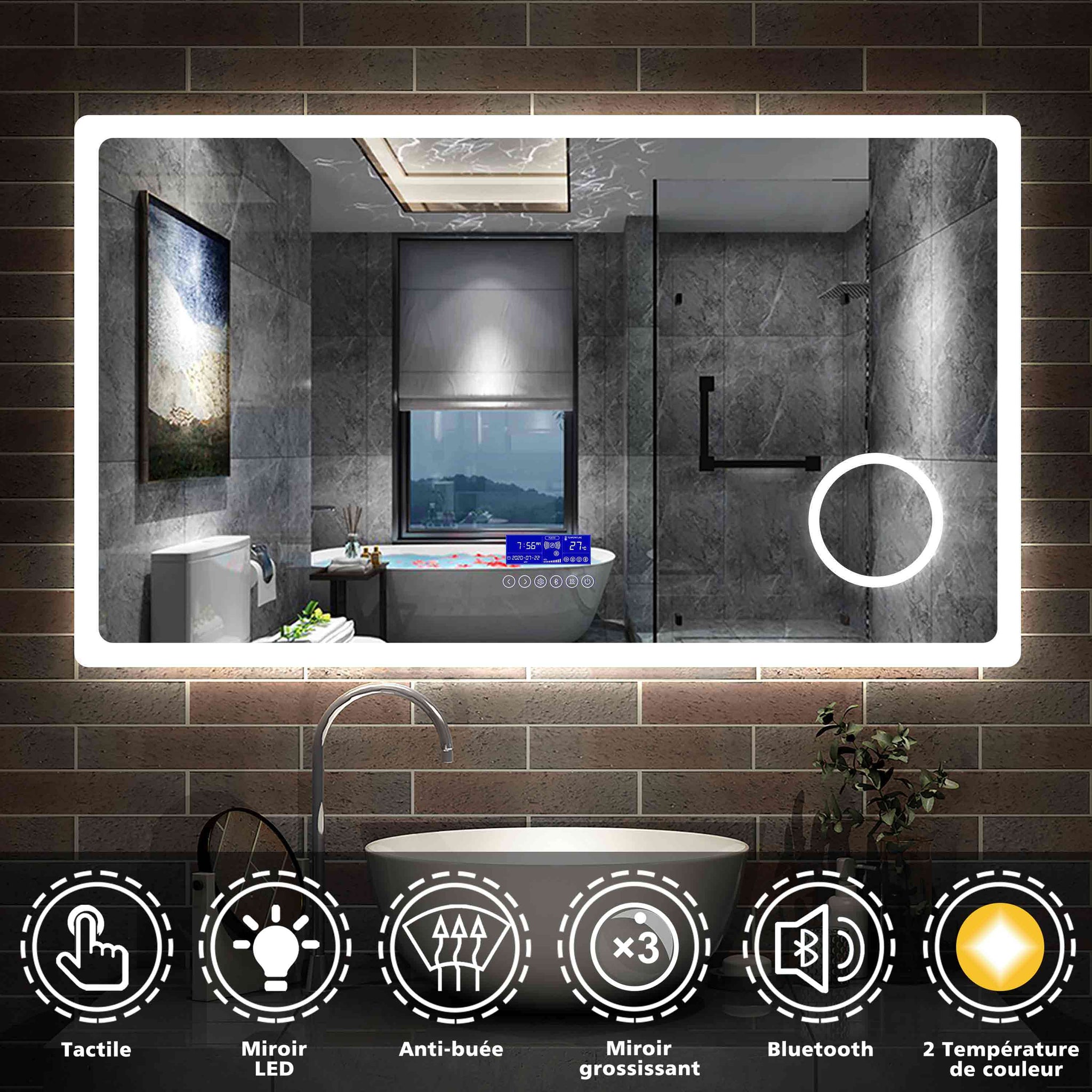 Miroir multifonctionnel avec 2 couleur LED réglable + antibuée +Bluetooth + Miroir grossissant -Livraison gratuite