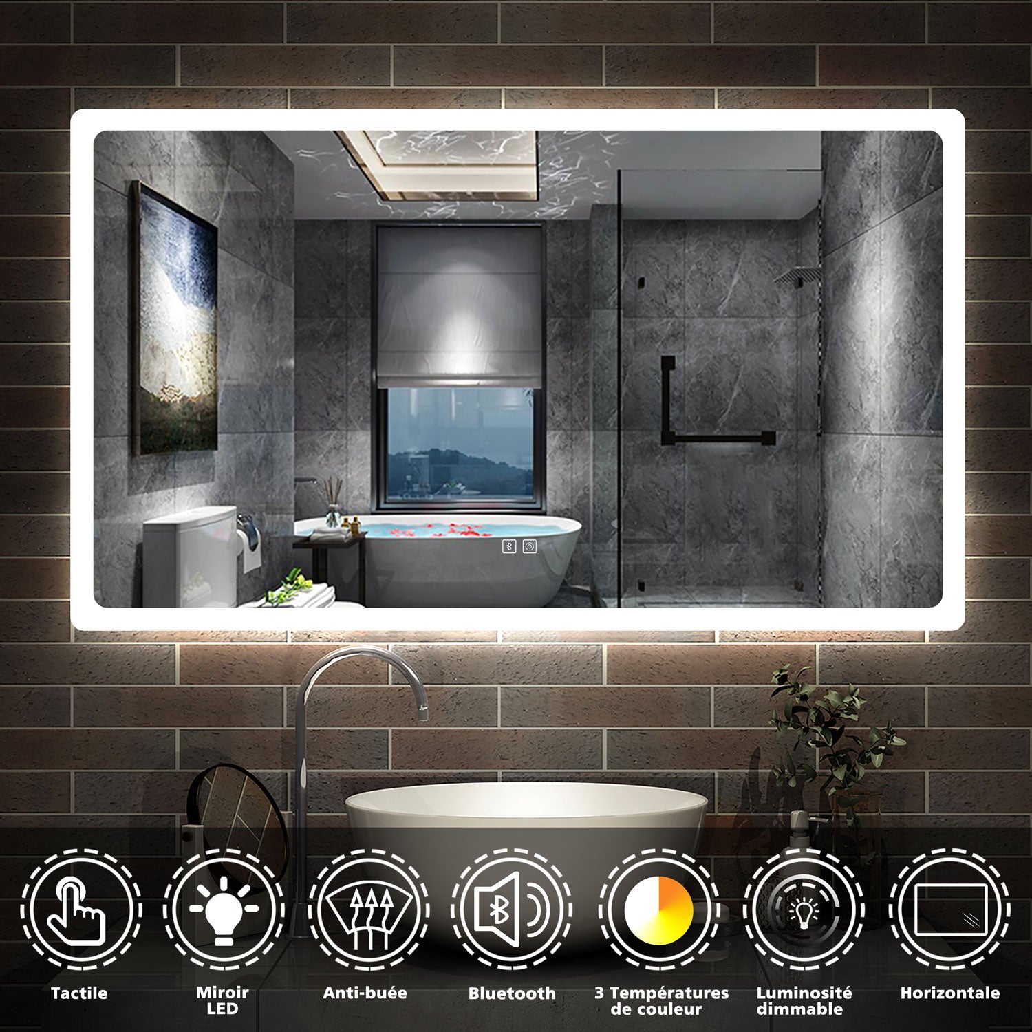 AICA Miroir Salle de Bain Bluetooth Antibuée avec 3 Couleurs Dimmable Mural Miroir avec Éclairage 50/60/70/80/100/120/140/160cm -Livraison gratuite