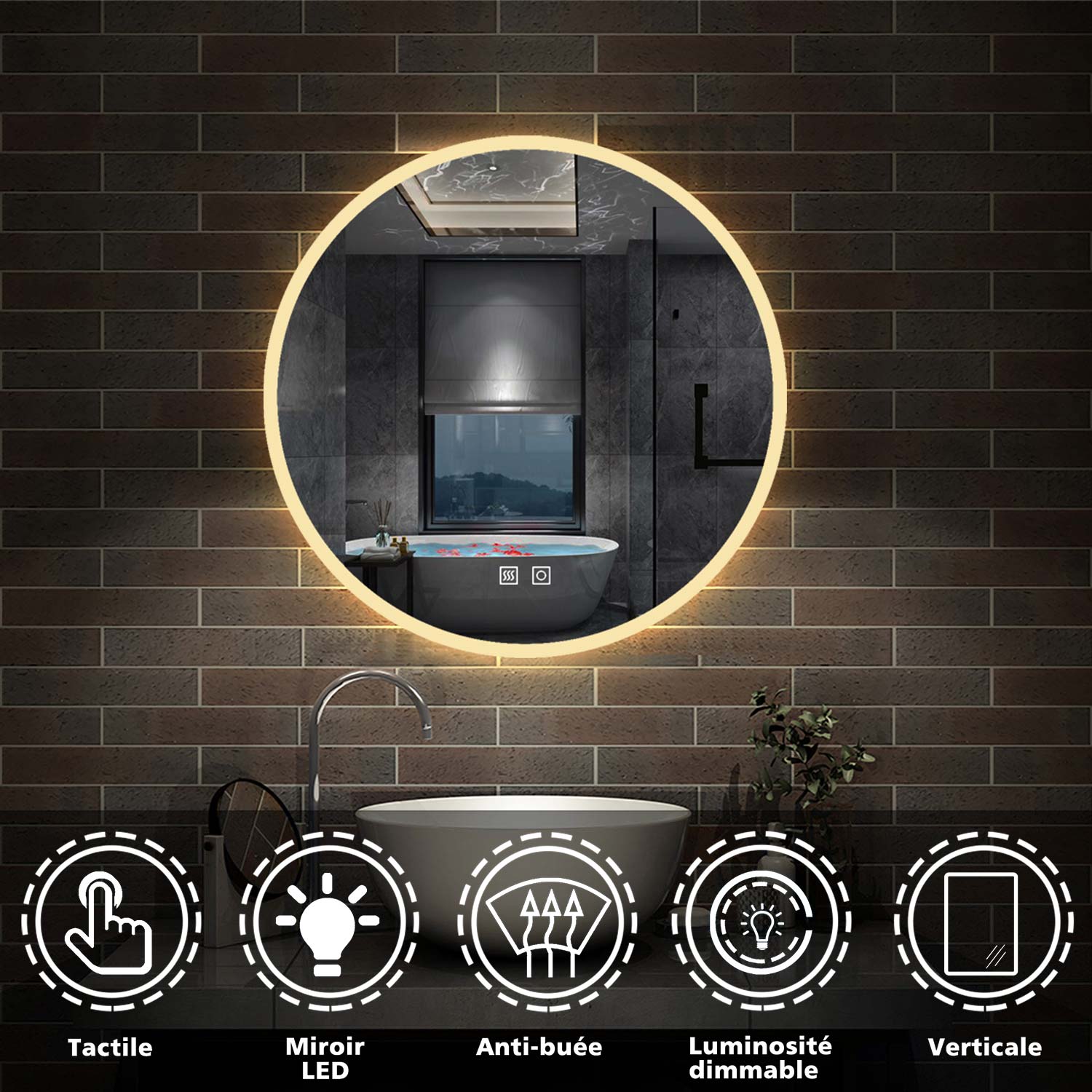 AICA Sanitaire Miroir rond de Salle de Bain avec Anti-buée + LED 2700K-6500K avec lumière et luminosité réglables ∅60cm double interrupteur tactile -Livraison gratuite