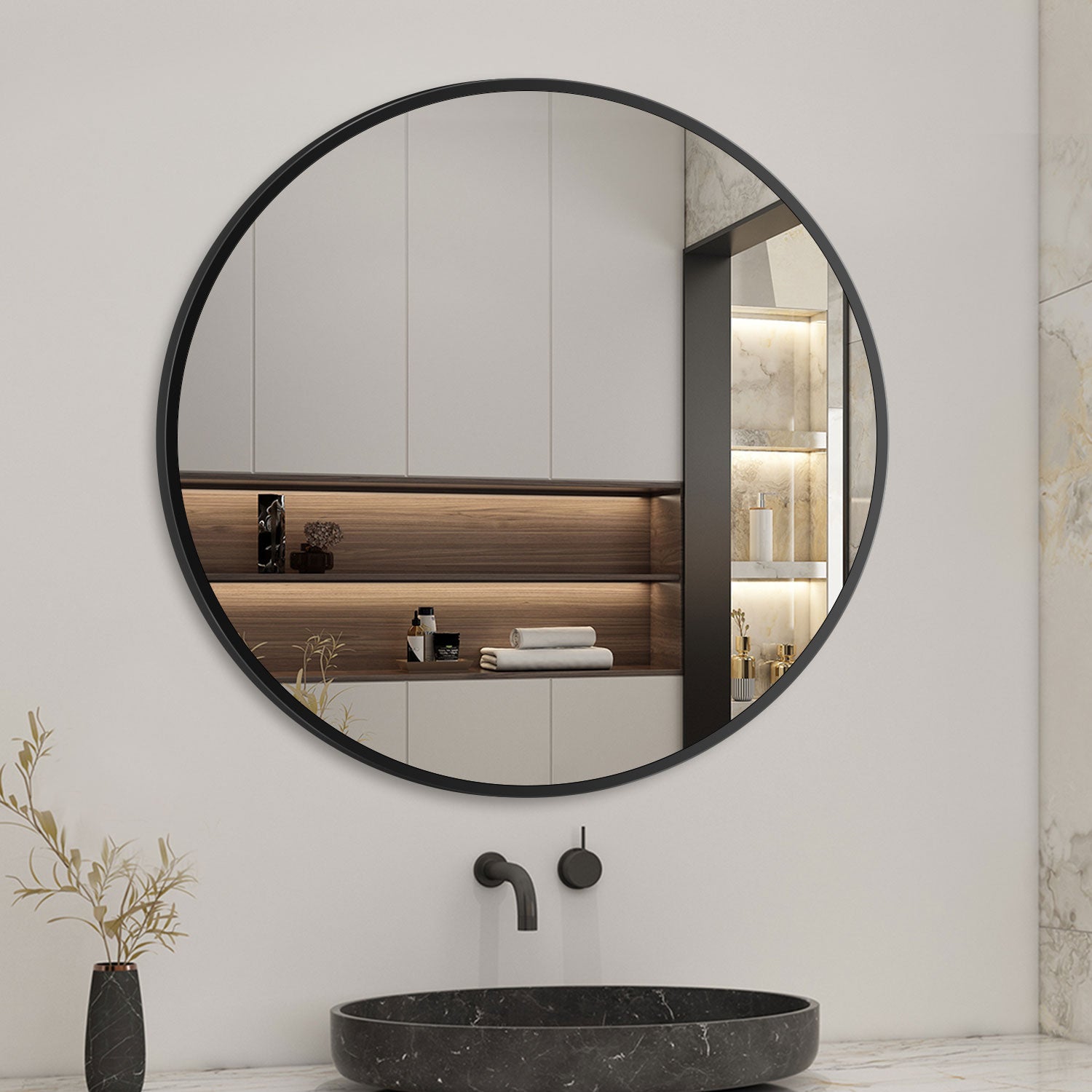 Aica Miroir Mural de Salle de Bain Rond doré et noir 50/60/70/80cm, cadre en aluminium miroir pour Salle de Bain + Salon + WC -Livraison gratuite