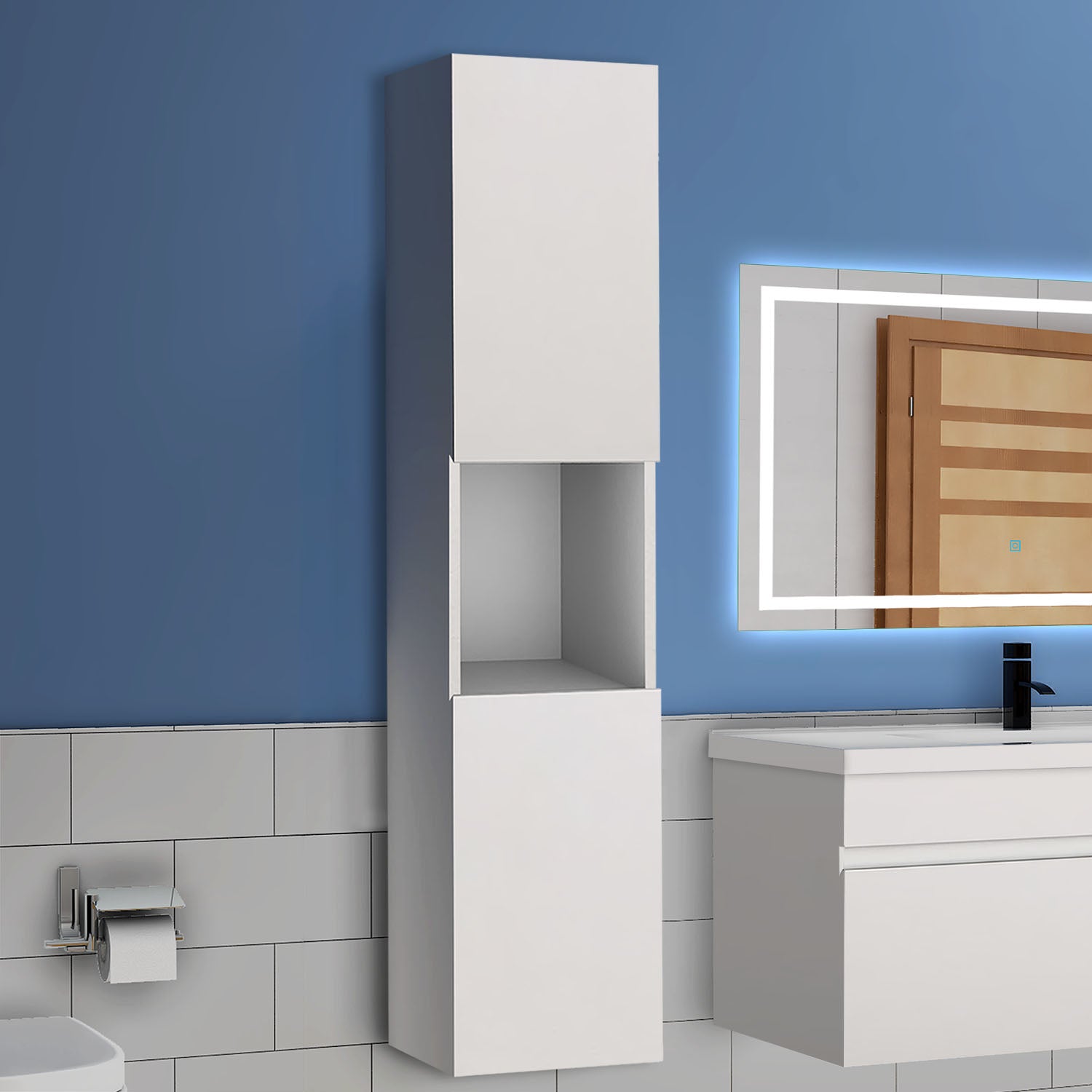 300x300x110cm Meuble de rangement pour salle de bain, colonne de salle de bain blanc/anthracite/bois clair à suspendre, avec porte et niche -Livraison gratuite